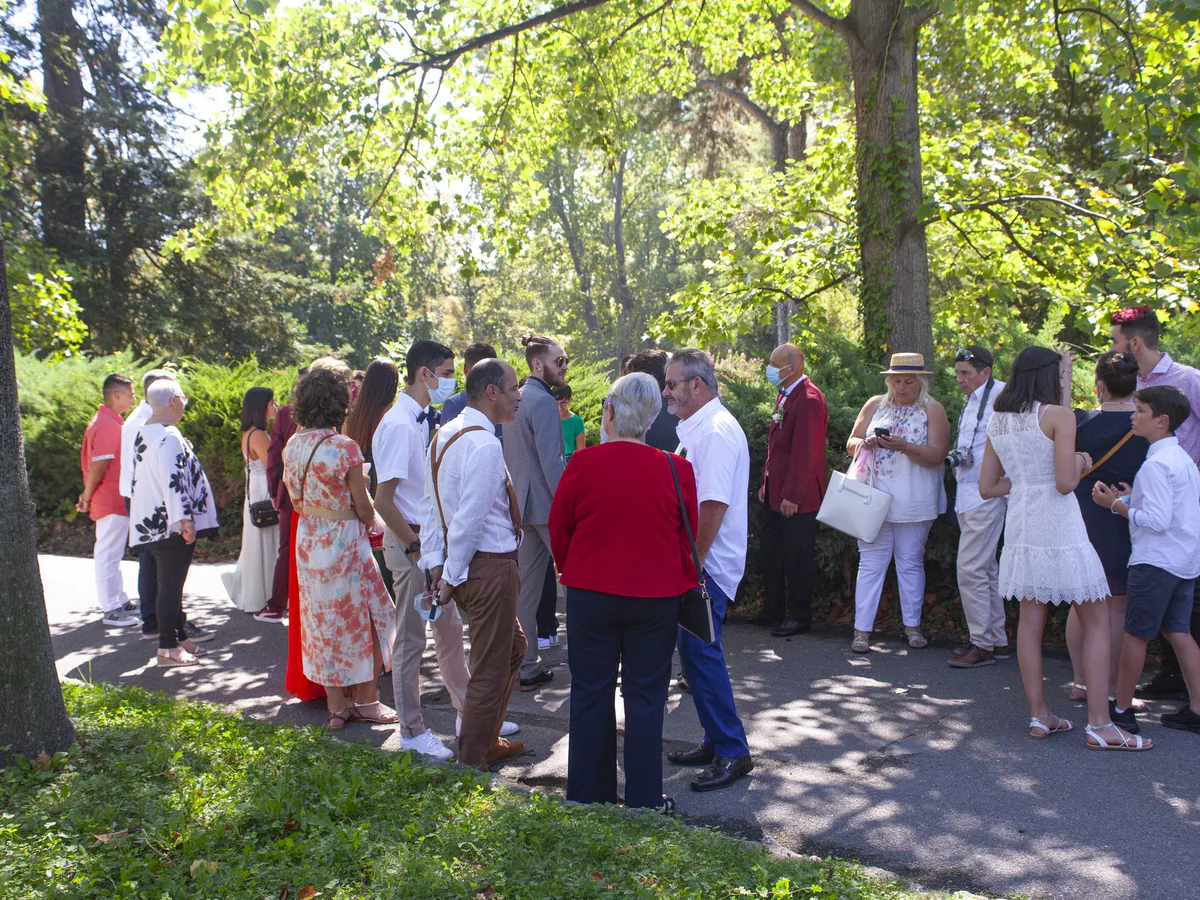 Invités d’un mariage réunis à l’ombre des arbres dans un parc de Marseille, pendant le vin d’honneur